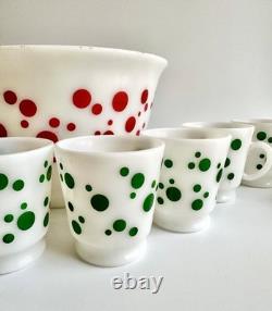 1950s Hazel Atlas Polka Dot Milk Glass Punch Bowl 6 Cups, Mid Century Holiday