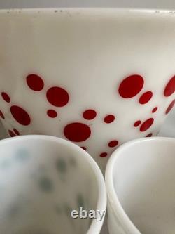 1950s Hazel Atlas Polka Dot Milk Glass Punch Bowl 6 Cups, Mid Century Holiday