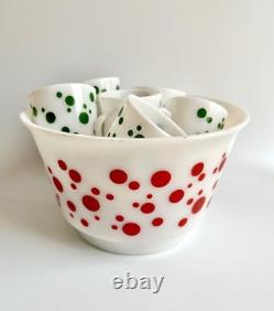 1950s Hazel Atlas Polka Dot Milk Glass Punch Bowl 6 Cups, Mid Century Holiday