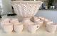 1950s JEANETTE FEATHER SHELL PINK GLASS PUNCH BOWL, BASE, 14 CUPS