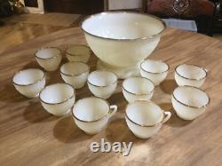 1950s SANDWICH IVORY Anchor Hocking White MILK GLASS Punch Bowl & Stand 12 cups