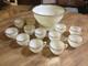 1950s SANDWICH IVORY Anchor Hocking White MILK GLASS Punch Bowl & Stand 12 cups