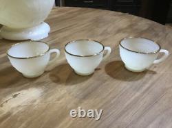 1950s SANDWICH IVORY Anchor Hocking White MILK GLASS Punch Bowl & Stand 12 cups