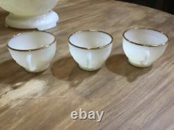 1950s SANDWICH IVORY Anchor Hocking White MILK GLASS Punch Bowl & Stand 12 cups