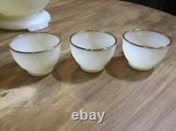 1950s SANDWICH IVORY Anchor Hocking White MILK GLASS Punch Bowl & Stand 12 cups