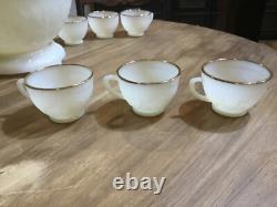 1950s SANDWICH IVORY Anchor Hocking White MILK GLASS Punch Bowl & Stand 12 cups