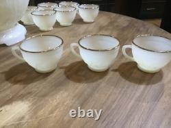 1950s SANDWICH IVORY Anchor Hocking White MILK GLASS Punch Bowl & Stand 12 cups