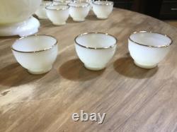1950s SANDWICH IVORY Anchor Hocking White MILK GLASS Punch Bowl & Stand 12 cups