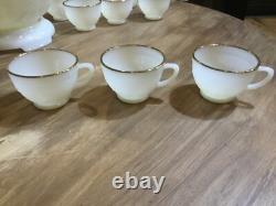 1950s SANDWICH IVORY Anchor Hocking White MILK GLASS Punch Bowl & Stand 12 cups