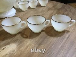 1950s SANDWICH IVORY Anchor Hocking White MILK GLASS Punch Bowl & Stand 12 cups