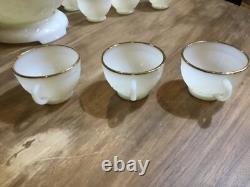 1950s SANDWICH IVORY Anchor Hocking White MILK GLASS Punch Bowl & Stand 12 cups