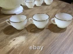 1950s SANDWICH IVORY Anchor Hocking White MILK GLASS Punch Bowl & Stand 12 cups
