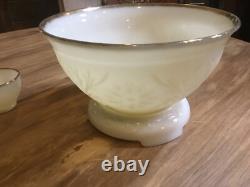 1950s SANDWICH IVORY Anchor Hocking White MILK GLASS Punch Bowl & Stand 12 cups