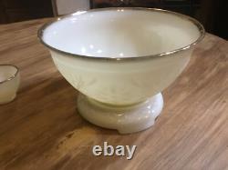 1950s SANDWICH IVORY Anchor Hocking White MILK GLASS Punch Bowl & Stand 12 cups