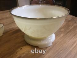 1950s SANDWICH IVORY Anchor Hocking White MILK GLASS Punch Bowl & Stand 12 cups