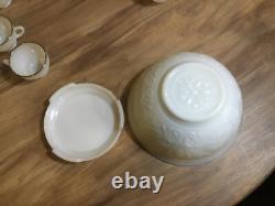 1950s SANDWICH IVORY Anchor Hocking White MILK GLASS Punch Bowl & Stand 12 cups