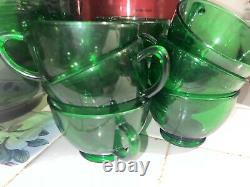 1960s Anchor Hocking Emerald Green Glass Punch Bowl With Cups