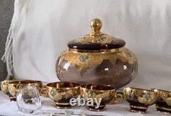 1960s ITALY BLOWN GLASS CRYSTAL PUNCH BOWL/6 HANDLED PUNCH CUPS/LADLE RARE