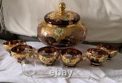 1960s ITALY BLOWN GLASS CRYSTAL PUNCH BOWL/6 HANDLED PUNCH CUPS/LADLE RARE