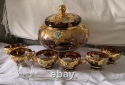 1960s ITALY BLOWN GLASS CRYSTAL PUNCH BOWL/6 HANDLED PUNCH CUPS/LADLE RARE