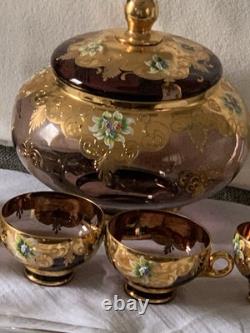 1960s ITALY BLOWN GLASS CRYSTAL PUNCH BOWL/6 HANDLED PUNCH CUPS/LADLE RARE
