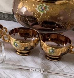 1960s ITALY BLOWN GLASS CRYSTAL PUNCH BOWL/6 HANDLED PUNCH CUPS/LADLE RARE