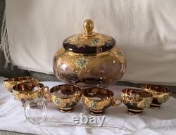 1960s ITALY BLOWN GLASS CRYSTAL PUNCH BOWL/6 HANDLED PUNCH CUPS/LADLE RARE