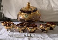 1960s ITALY BLOWN GLASS CRYSTAL PUNCH BOWL/6 HANDLED PUNCH CUPS/LADLE RARE