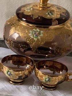 1960s ITALY BLOWN GLASS CRYSTAL PUNCH BOWL/6 HANDLED PUNCH CUPS/LADLE RARE