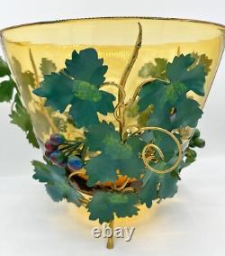 1960s Italian Blown Glass Punch Bowl Set Honey Amber Tole Metal Grape Vine Stand