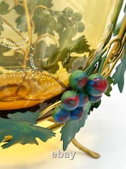 1960s Italian Blown Glass Punch Bowl Set Honey Amber Tole Metal Grape Vine Stand