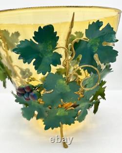 1960s Italian Blown Glass Punch Bowl Set Honey Amber Tole Metal Grape Vine Stand
