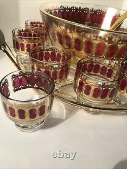 1960s MCM Culver Scrolls Cranberry Punch Bowl 12 Roly Poly Glasses Caddy Ladle