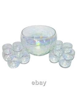 1963 Elegant Vintage West Virginia Glass Iridescent Punch Bowl And 12 Cup Set