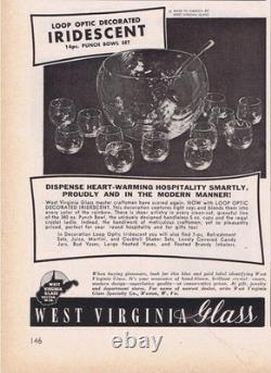 1963 Elegant Vintage West Virginia Glass Iridescent Punch Bowl And 12 Cup Set