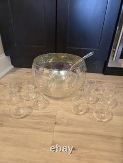 1963 Elegant Vintage West Virginia Glass Iridescent Punch Bowl And 12 Cup Set