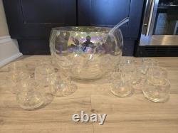 1963 Elegant Vintage West Virginia Glass Iridescent Punch Bowl And 12 Cup Set
