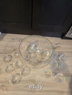 1963 Elegant Vintage West Virginia Glass Iridescent Punch Bowl And 12 Cup Set