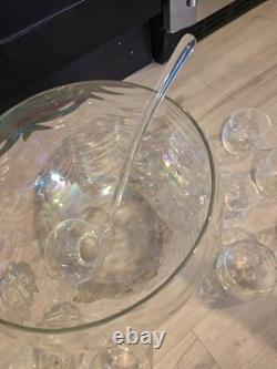 1963 Elegant Vintage West Virginia Glass Iridescent Punch Bowl And 12 Cup Set