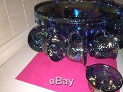 1970s RARE Antique Glass Rainbow Iridescent Punch Bowl Cups Free SHIPPING