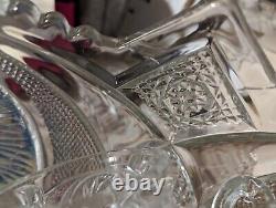1980s LE Smith Clear Crystal Glass McKee Aztec 13d Punch Bowl Set 10 Cups