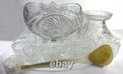 1980s LE Smith Clear Crystal Glass McKee Aztec 13d Punch Bowl Set 12 Cups