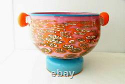 1986 PINKWATER Art GLASS Bowl by Schwartz & Swanson Footed and Handles Milefiori