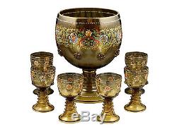 19thC Theresienthal Bohemian Blown Art Glass Enamel Painted Punch Bowl & Goblets