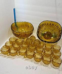 2 Hazel Atlas Amber Punch Bowls 24 Hazel Atlas Amber Cups 26 Peice Set Vintage