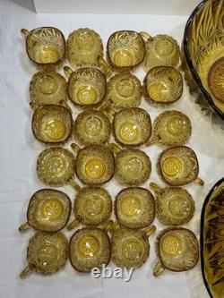 2 Hazel Atlas Amber Punch Bowls 24 Hazel Atlas Amber Cups 26 Peice Set Vintage