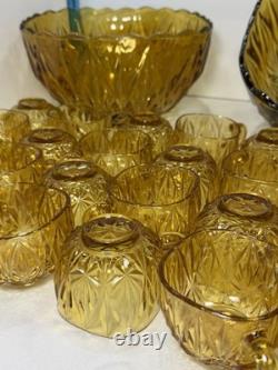 2 Hazel Atlas Amber Punch Bowls 24 Hazel Atlas Amber Cups 26 Peice Set Vintage