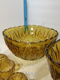 2 Hazel Atlas Amber Punch Bowls 24 Hazel Atlas Amber Cups 26 Peice Set Vintage