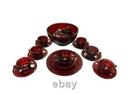 23 PC Ruby Red Vintage Glass Punch Bowl Set. 1 Bowl 15 Cups, 7 Saucers, 1 Plate