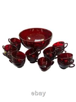 23 PC Ruby Red Vintage Glass Punch Bowl Set. 1 Bowl 15 Cups, 7 Saucers, 1 Plate